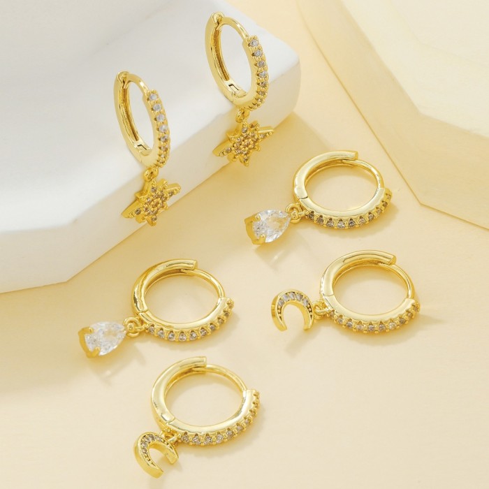 Niche Instagram-style Zircon-inlaid Copper Stud Star-moon Water Drop Earrings, Hoop Earrings, 18K Gold Plated Non-fad...