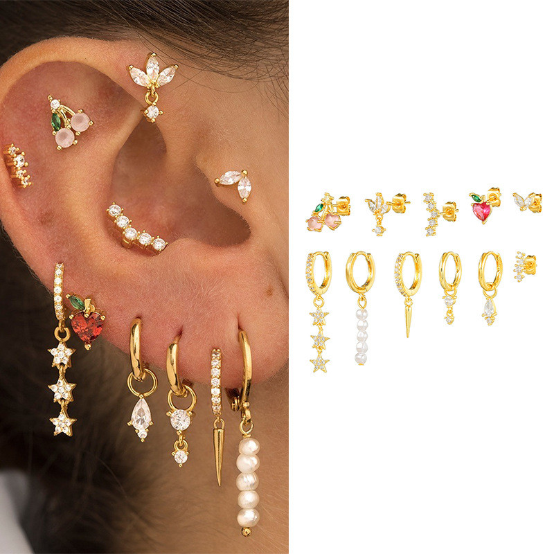 Fashion Fruit Geometric Earrings for Women, Light Luxury Pearl Pendants, Multi-piercing Ear Stud Sets Wholesale, Jewe...