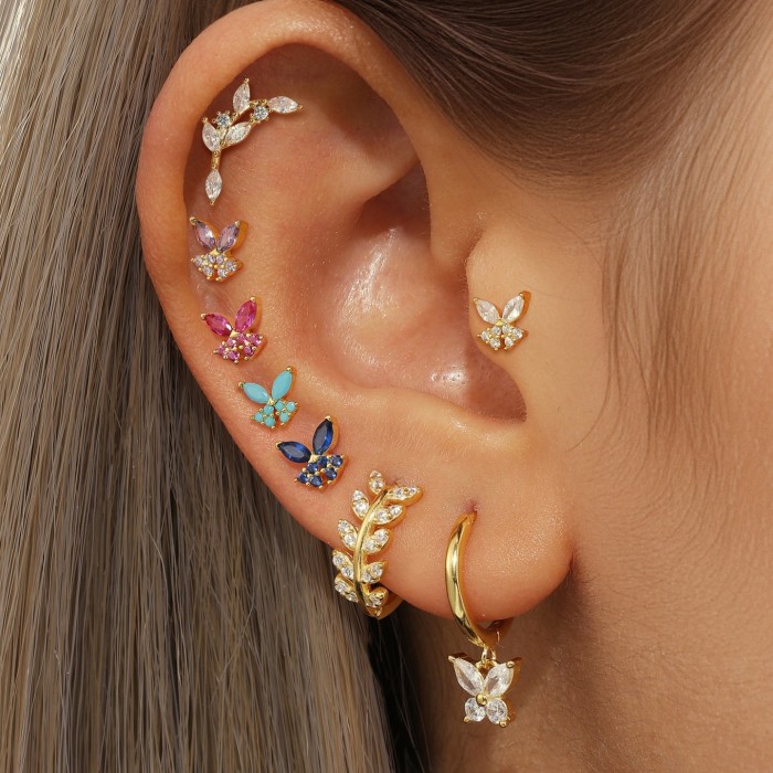 Ins-style S925 Silver Needle Earrings, Ultra-fairy Colorful Zircon Butterfly and Leaf Pendant Earrings, Eight-piece S...