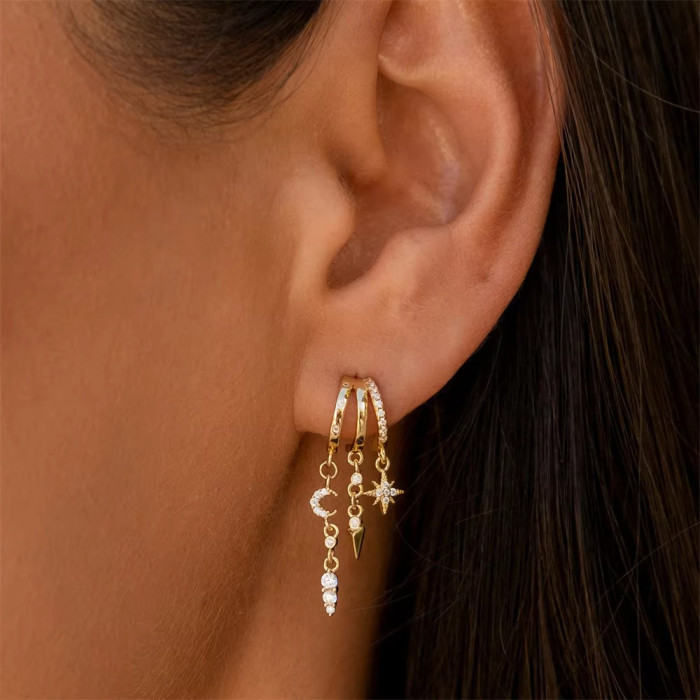 Luxury Design Earrings with Star and Moon Tassels, 18K Gold Plated Copper Inlaid with Zirconia, Women's Earrings
