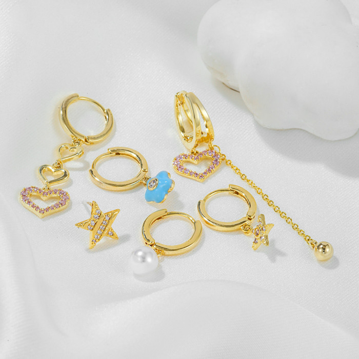 French-style Exquisite Diamond-embellished Heart-shaped Pearl Pendant Earring Set, Cute Floral Earrings Six-piece Set...
