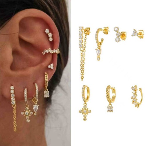 Light Luxury Style Water Drop Earrings, Round Cross Ear Cuffs, Pendant Tassel Ear Studs, and Earring Set, Jewelry Sets