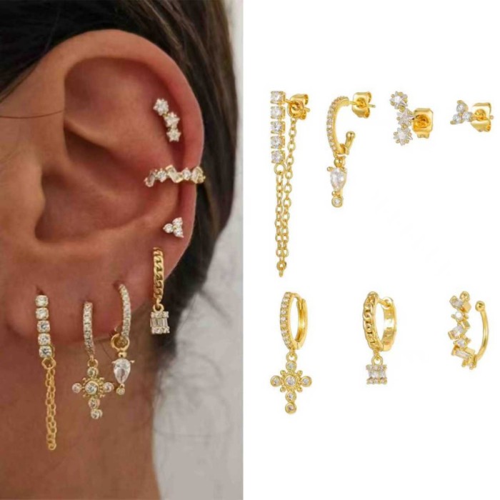 Light Luxury Style Water Drop Earrings, Round Cross Ear Cuffs, Pendant Tassel Ear Studs, and Earring Set, Jewelry Sets