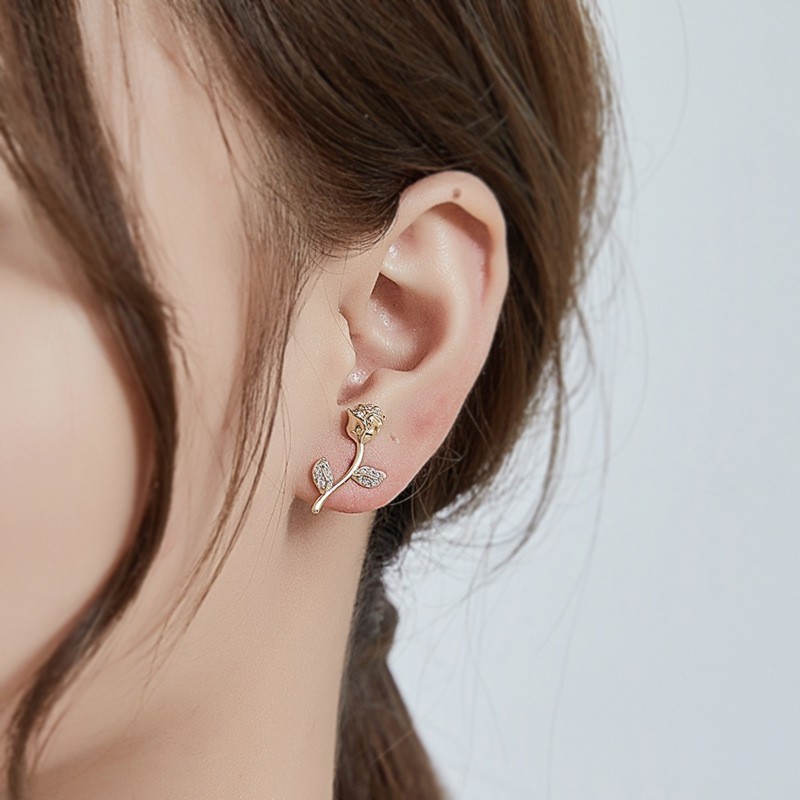 French-style S925 Silver Needle Earrings with Zirconia Inlay and Rose Flower Design, Wholesale, 925 Sterling Silver