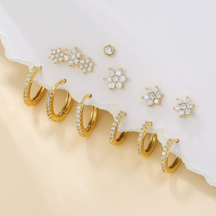 Style Hoop Earrings, Fresh and Delicate, with Zirconia Flowers, 925 Silver Pins, Copper Plated with 18K Real Gold, Wo...