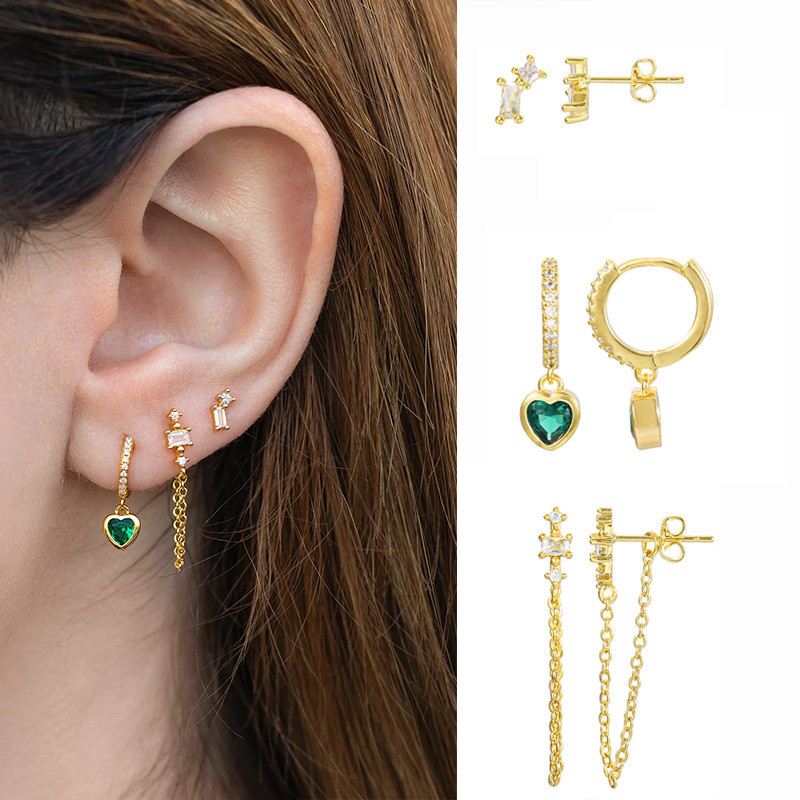 925 Exquisite Green Heart-shaped Zircon Earrings with Tassels and Long Chains, Autumn and Winter Women's Stud Earring...