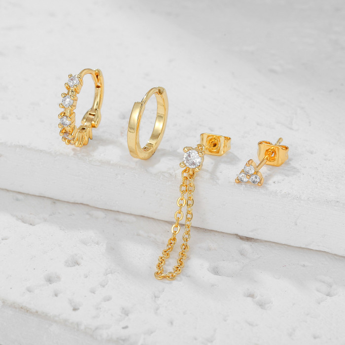 18K Gold Plated Copper Earrings with Zirconia, Fashionable Versatile Chain Pendant Earring Set Wholesale, Jewelry Sets