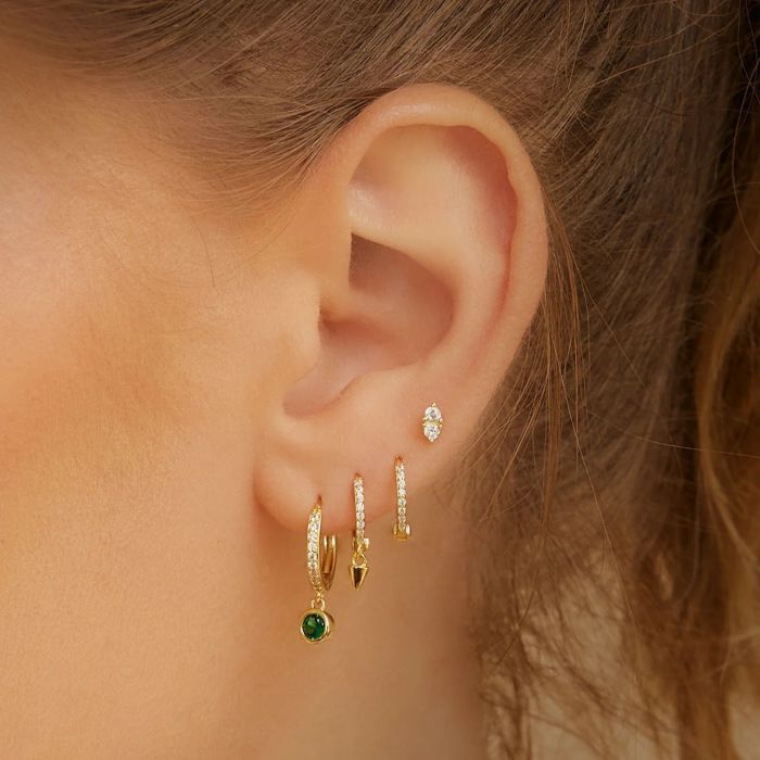 Japanese and Korean Style Elegant Emerald Round Zircon Earrings, Unique and Creative Trendy Ear Cuffs, S925 Silver Ne...