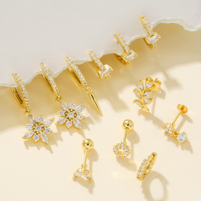 18K Gold Plated Copper Earring Set with Flower Pendant and Ear Clasps, Fashionable and Unique Multi-piercing Stud Ear...