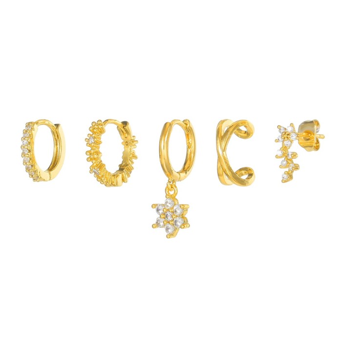 New Floral Fairy-style Earrings, 18K Gold, Copper Micro-inlaid Zircon, Simple Single-ear Ear Clasp, Five-piece Earrin...