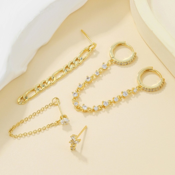 Best-selling Fashion Niche Chain Tassel Pendant Earring Set with Zircon Double Hoop Ear Clasps, Wholesale, Jewelry Sets