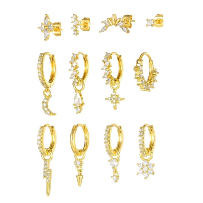 Personalized Trendy Star and Moon Earring Set, Fashionable Multi-piercing 18K Zirconia Circle Earrings Wholesale, Jew...