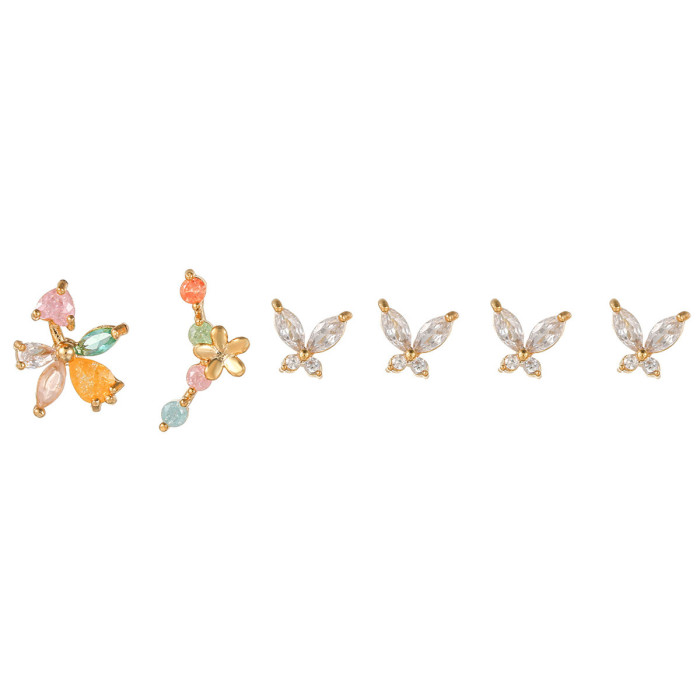 Korean-style Fresh Geometric Stud Earrings and Ear Cuffs Set, Micro-inlaid Zircon Fashion Butterfly Earring Combinati...