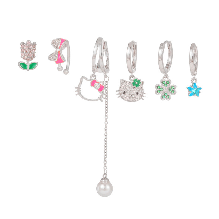 New Style Bow Earrings Set, Fashionable and Luxurious Zircon Flower and Animal Ear Clips 6-piece Set of Earrings, Jew...