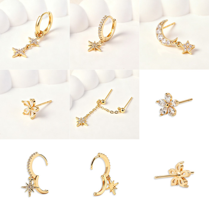 Best-selling Fashion Stone-Studded Star and Moon Earrings, Personalized Versatile Earring Set, Five-piece Earring A...