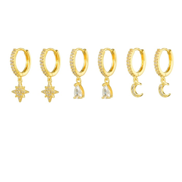 Niche Instagram-style Zircon-inlaid Copper Stud Star-moon Water Drop Earrings, Hoop Earrings, 18K Gold Plated Non-fad...