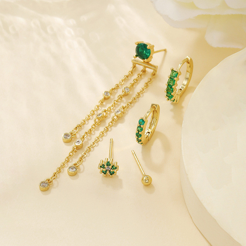 Fashion Flower Tassel Chain Earrings 18K Light Luxury Design Green Zirconia Earring Set for Women, Jewelry Sets