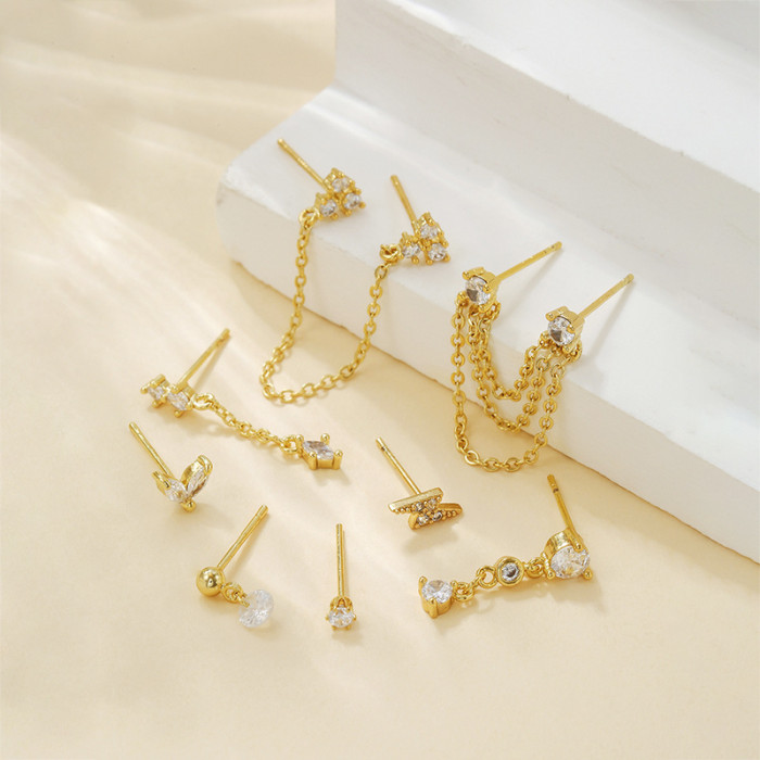 Triangular Stone-Studded S925 Silver Needle Earring Set, Niche Personalized Chain Tassel Pendant Earrings, Jewelry...