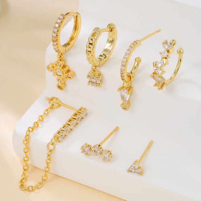 Light Luxury Style Water Drop Earrings, Round Cross Ear Cuffs, Pendant Tassel Ear Studs, and Earring Set, Jewelry Sets