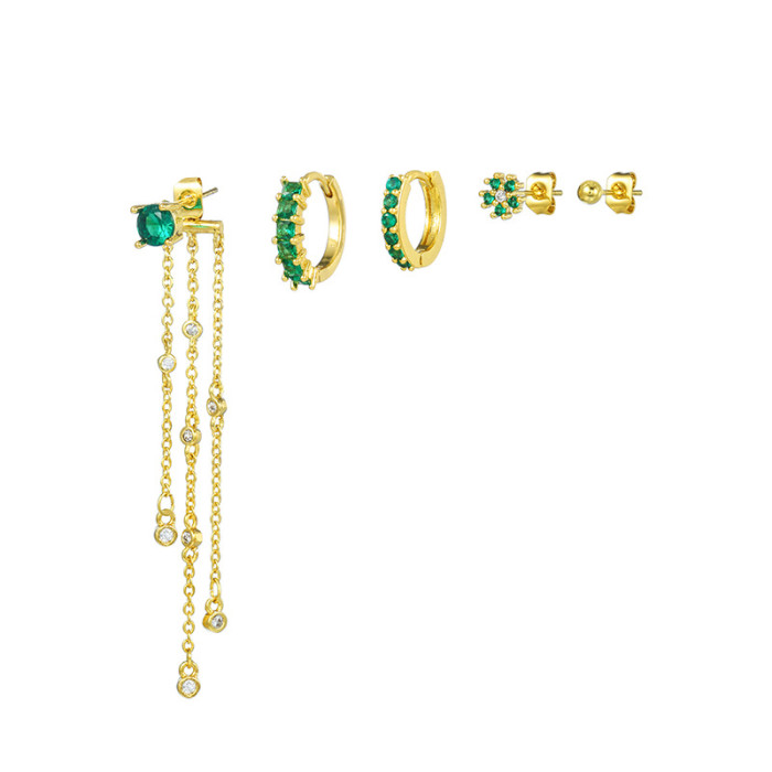 Fashion Flower Tassel Chain Earrings 18K Light Luxury Design Green Zirconia Earring Set for Women, Jewelry Sets