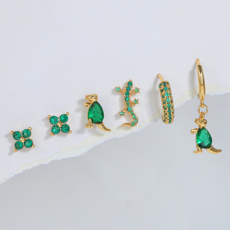 Creative Green Fashion Micro-Inlaid Zircon Dinosaur Animal Jewelry 18K Real Gold Six-Piece Set Earrings Wholesale, Je...