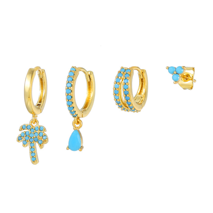Fashion Creative Niche Coconut Tree Pine Blue Zircon Hoop Earrings for Women Geometric Earring Set Wholesale, Jewelry...