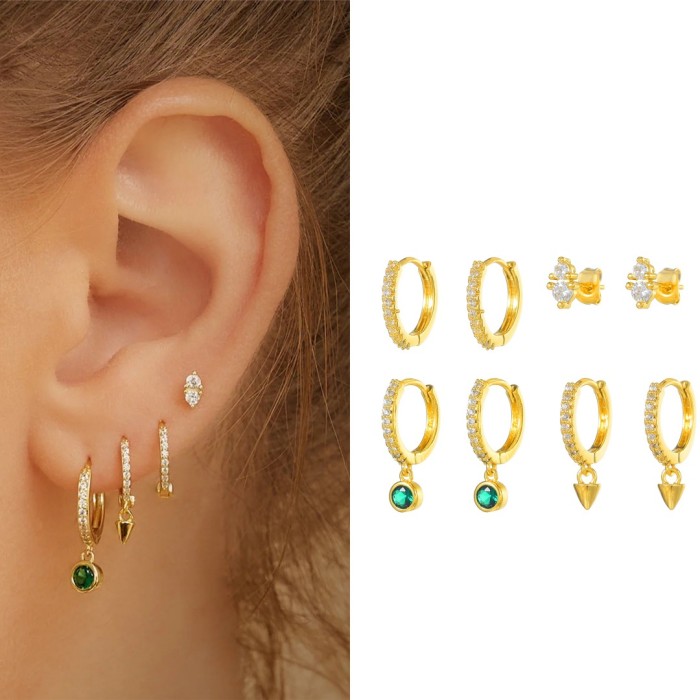 Japanese and Korean Style Elegant Emerald Round Zircon Earrings, Unique and Creative Trendy Ear Cuffs, S925 Silver Ne...