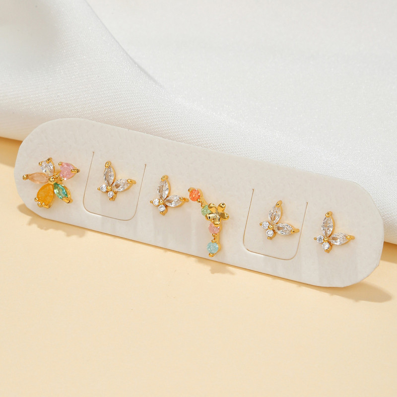 Korean-style Fresh Geometric Stud Earrings and Ear Cuffs Set, Micro-inlaid Zircon Fashion Butterfly Earring Combinati...