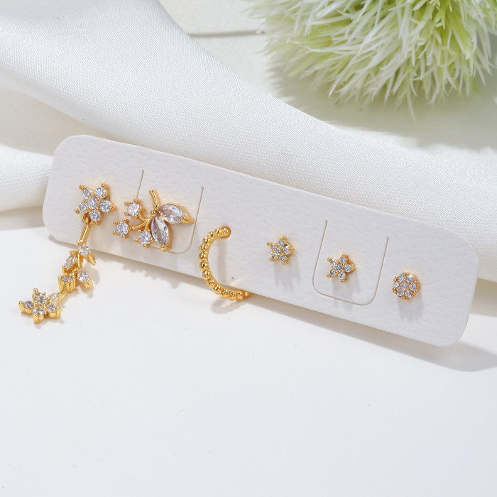 New Floral Pendant Earring Set, Versatile and Stylish, Zircon Leaf Earrings Six-piece Set for Women, Jewelry Sets