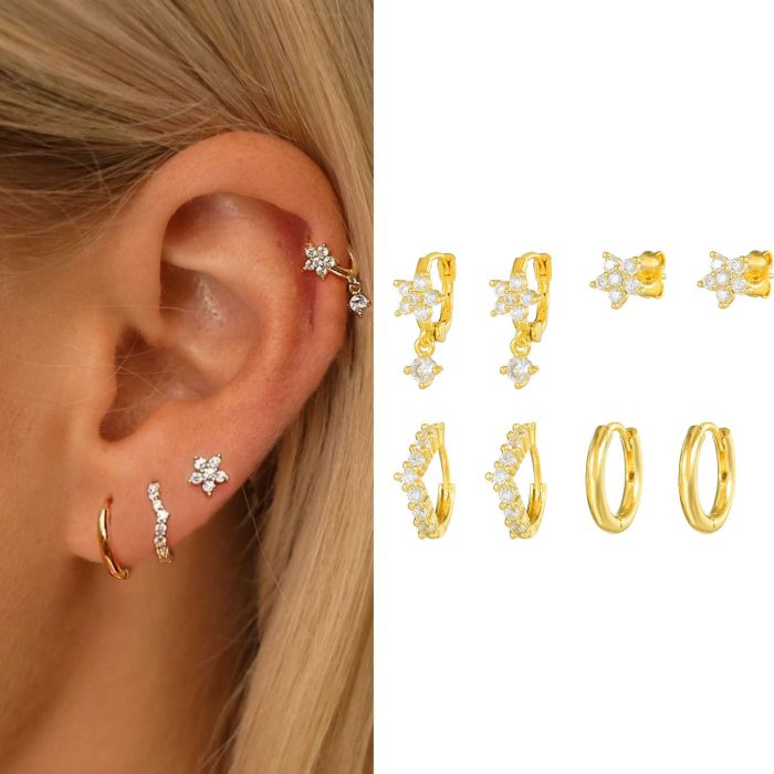Plum Blossom-shaped Zircon-studded S925 Silver Needle Earrings, Personalized Fashion Pendant Hoop Earrings, Eight-pie...