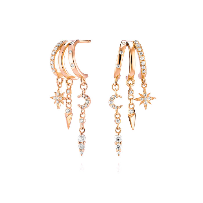 Luxury Design Earrings with Star and Moon Tassels, 18K Gold Plated Copper Inlaid with Zirconia, Women's Earrings