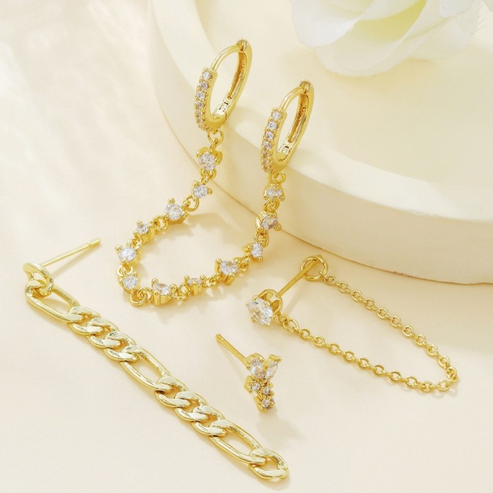 Best-selling Fashion Niche Chain Tassel Pendant Earring Set with Zircon Double Hoop Ear Clasps, Wholesale, Jewelry Sets