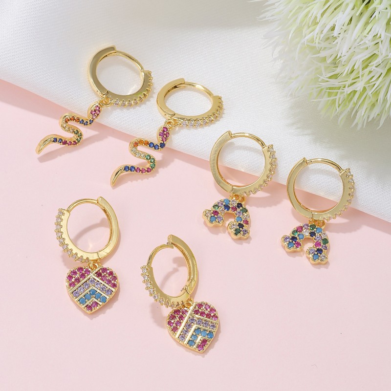 Colorful Zircon Heart Pendant Earrings, Copper Plated with 18K Real Gold, Fashionable Earring Set Wholesale, Jewelry...