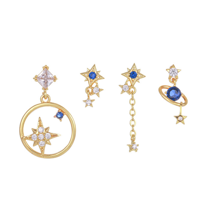 Ins-style Geometric Zircon Earring Set for Women, Elegant and Simple Eight-pointed Star Stud Earrings, 4-piece Set of...