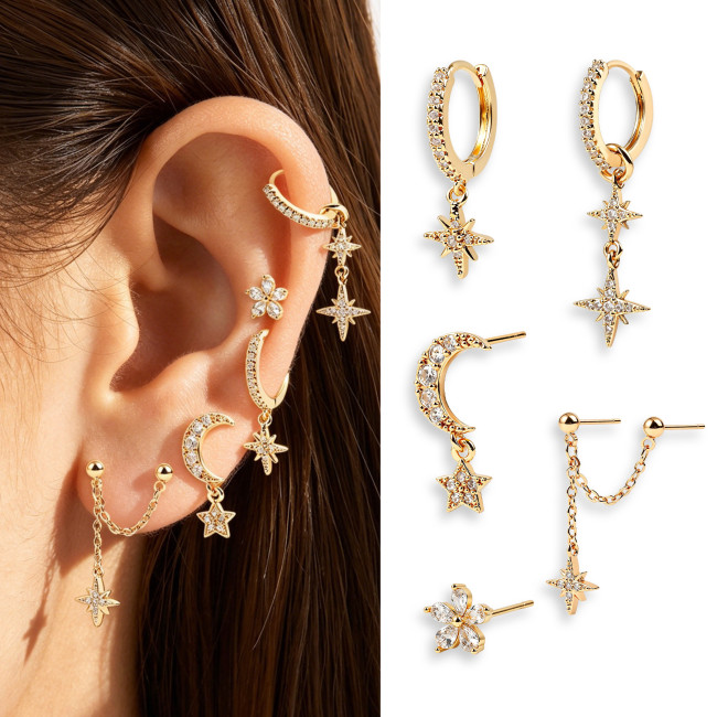 Best-selling Fashion Stone-Studded Star and Moon Earrings, Personalized Versatile Earring Set, Five-piece Earring A...