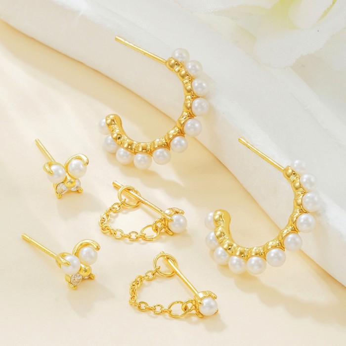 Korean-style S925 Silver Needle Fairy Pearl Butterfly Earring Set for Women, Chain Style, Elegant and Fashionable Int...