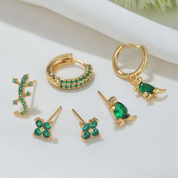 Creative Green Fashion Micro-Inlaid Zircon Dinosaur Animal Jewelry 18K Real Gold Six-Piece Set Earrings Wholesale, Je...