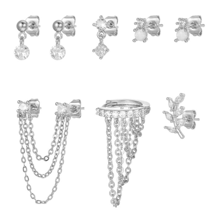 Ins-style Zircon-inlaid Chain Tassel Leaf Earrings, Elegant and Exquisite Multi-piercing Stud Earring Set for Women,...