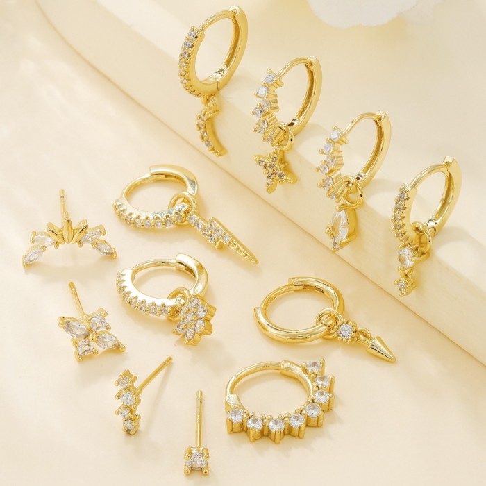 Personalized Trendy Star and Moon Earring Set, Fashionable Multi-piercing 18K Zirconia Circle Earrings Wholesale, Jew...