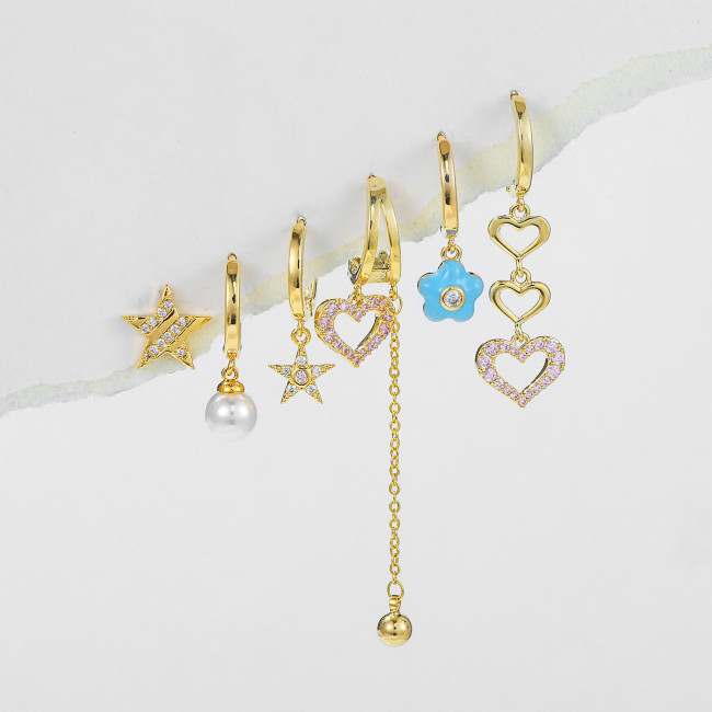 French-style Exquisite Diamond-embellished Heart-shaped Pearl Pendant Earring Set, Cute Floral Earrings Six-piece Set...