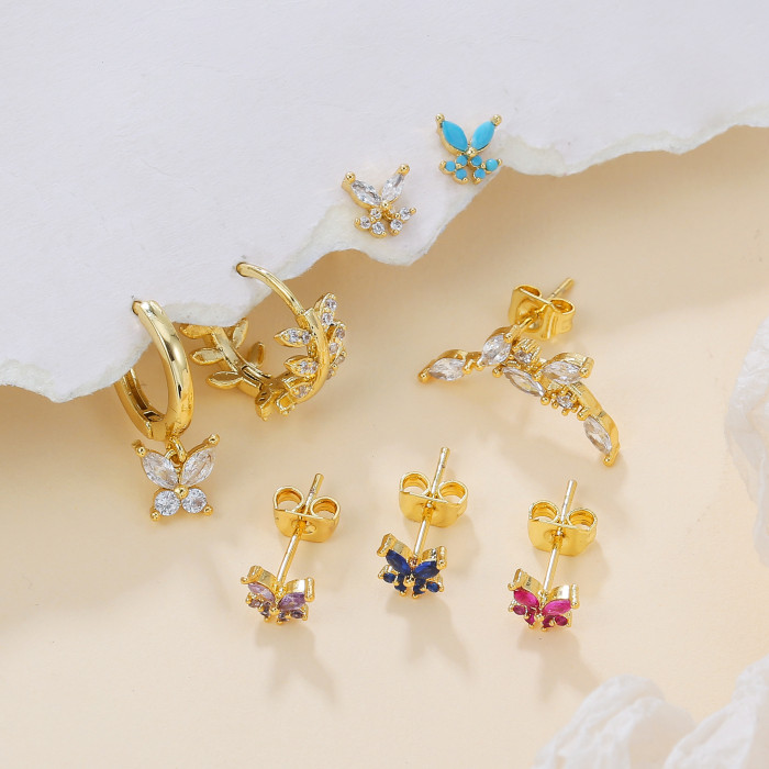 Ins-style S925 Silver Needle Earrings, Ultra-fairy Colorful Zircon Butterfly and Leaf Pendant Earrings, Eight-piece S...