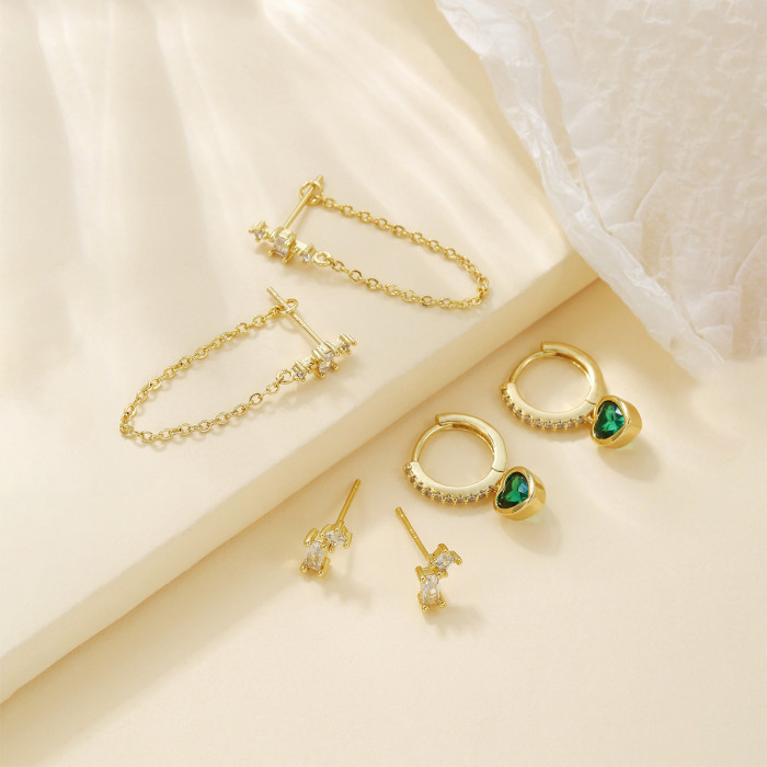 925 Exquisite Green Heart-shaped Zircon Earrings with Tassels and Long Chains, Autumn and Winter Women's Stud Earring...