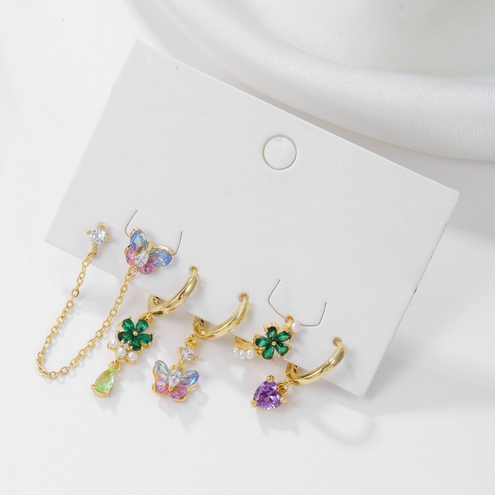 Ins-style Gold Plated Copper Colorful Heart-shaped Pendant, Purple Zircon Earrings, and Pearl Hoop Earring Set, Jewel...