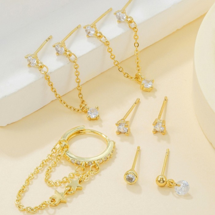 Amazon Best-Selling Zircon Chain Pendant Earring Set, Pentagram Tassel Copper Plated 18K Gold Earrings Wholesale, Jew...