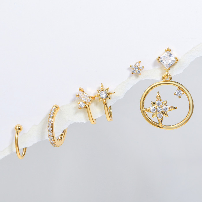 18K Real Gold Plated S925 Silver Needle 5-piece Set of Small Earrings for Women, Korean Style, Simple and Elegant Geo...