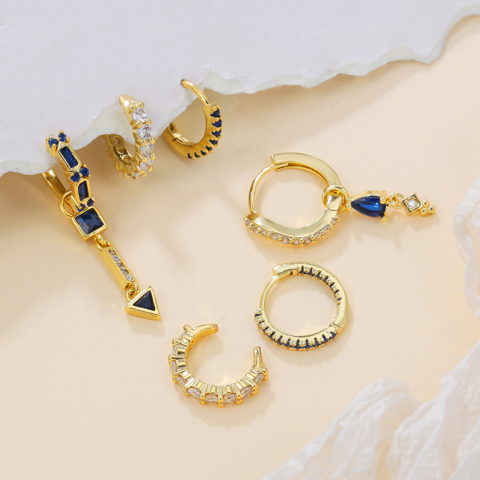 Fashion Earrings, Copper-plated Micro-inlaid Zirconia Stud Earrings, Dark Blue Zirconia Earrings, Women's Vintage Pen...