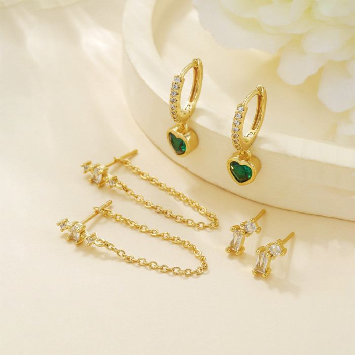 925 Exquisite Green Heart-shaped Zircon Earrings with Tassels and Long Chains, Autumn and Winter Women's Stud Earring...