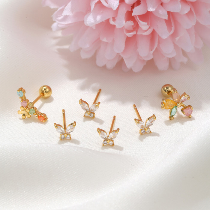 Korean-style Fresh Geometric Stud Earrings and Ear Cuffs Set, Micro-inlaid Zircon Fashion Butterfly Earring Combinati...