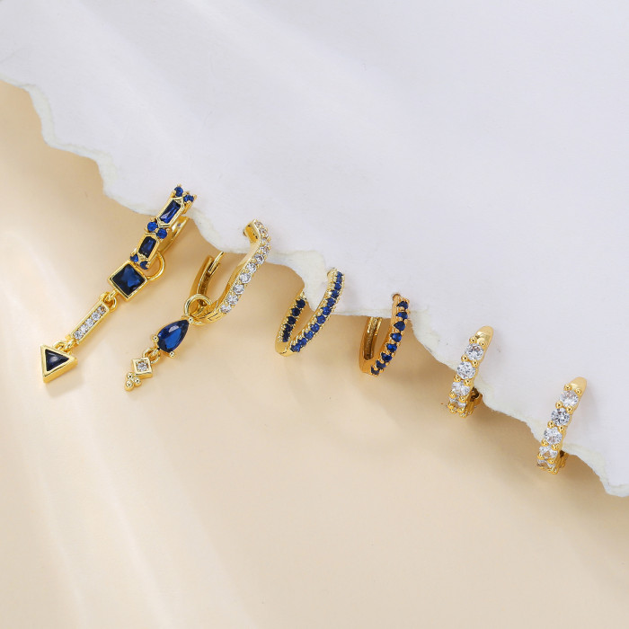 Fashion Earrings, Copper-plated Micro-inlaid Zirconia Stud Earrings, Dark Blue Zirconia Earrings, Women's Vintage Pen...