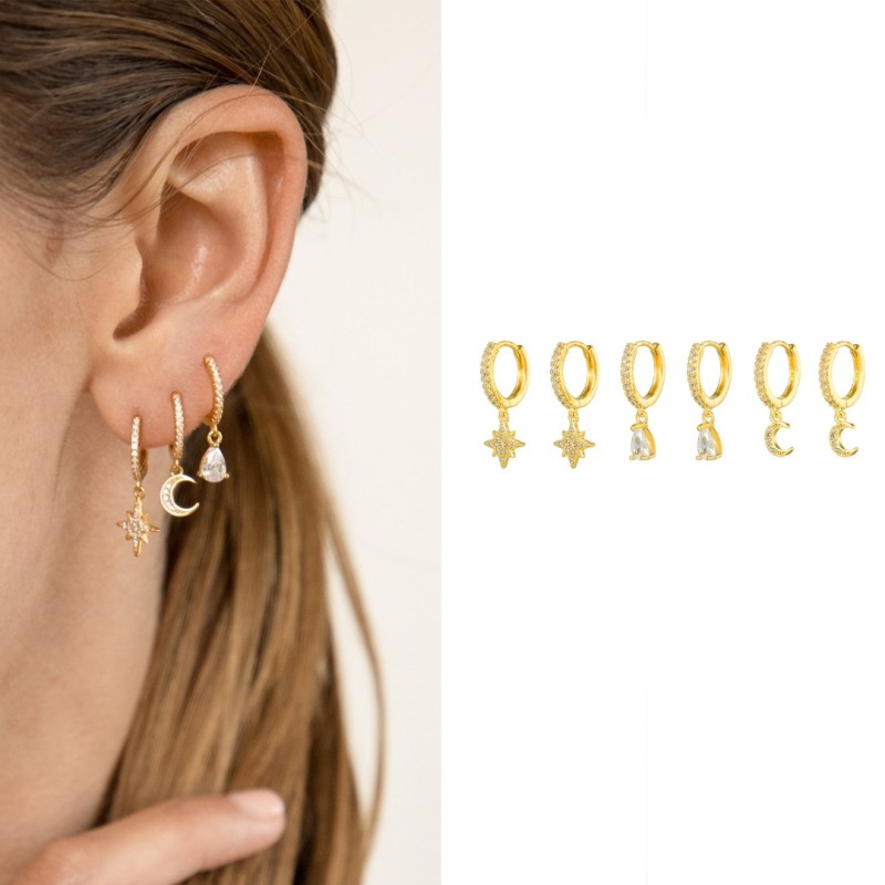 Niche Instagram-style Zircon-inlaid Copper Stud Star-moon Water Drop Earrings, Hoop Earrings, 18K Gold Plated Non-fad...
